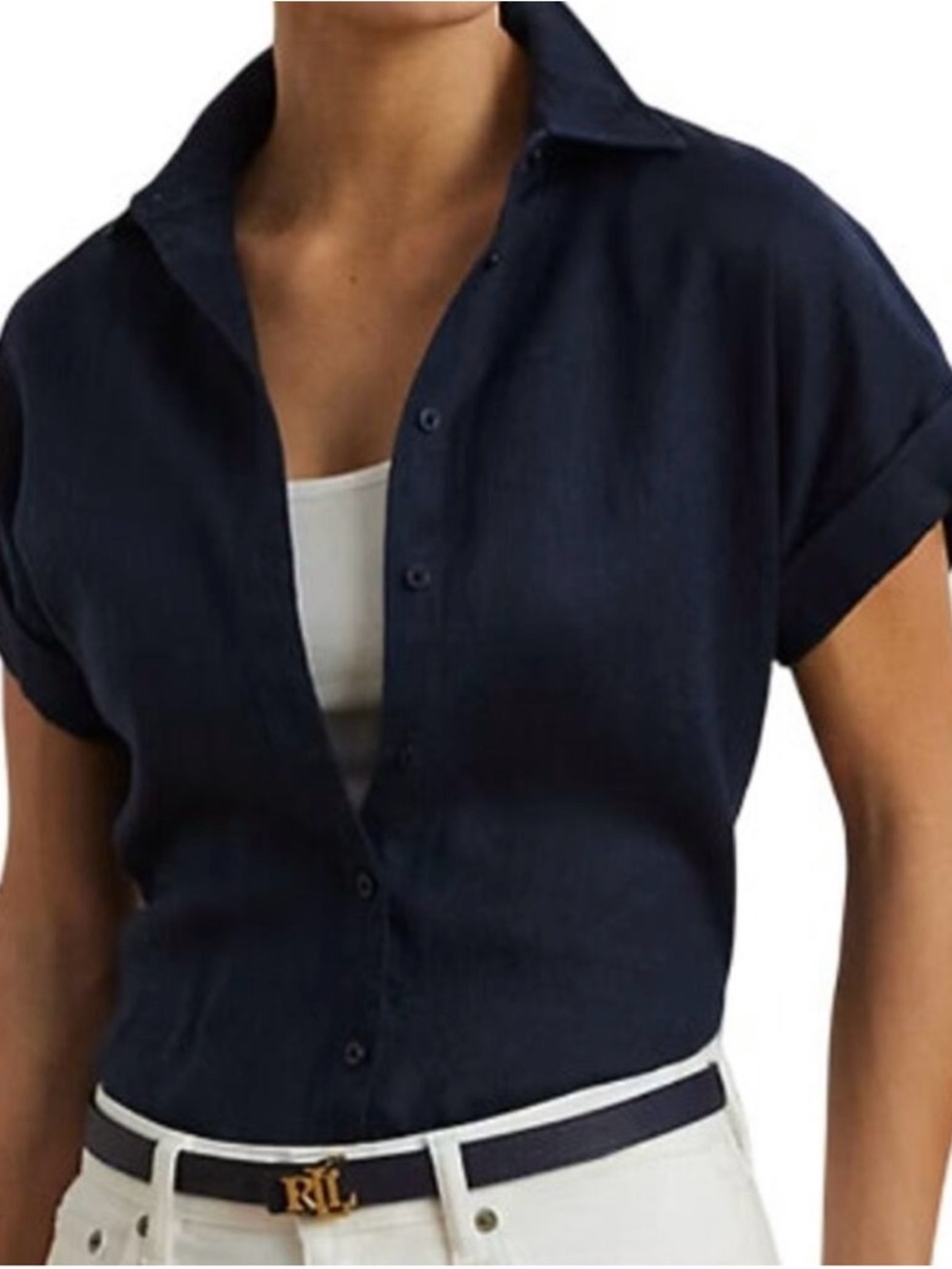 NWT Lauren Ralph Lauren Navy Blue Linen Short Sleeve Shirt - Picture 2 of 12